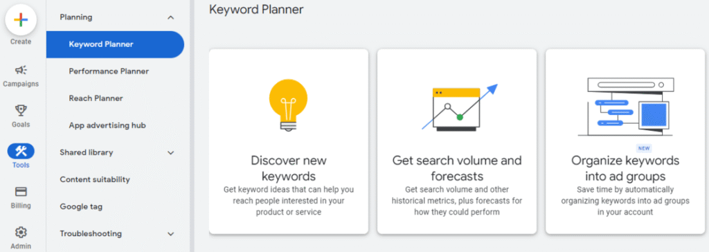 Google Ads Tools and Settings menu showing Keyword Planner
