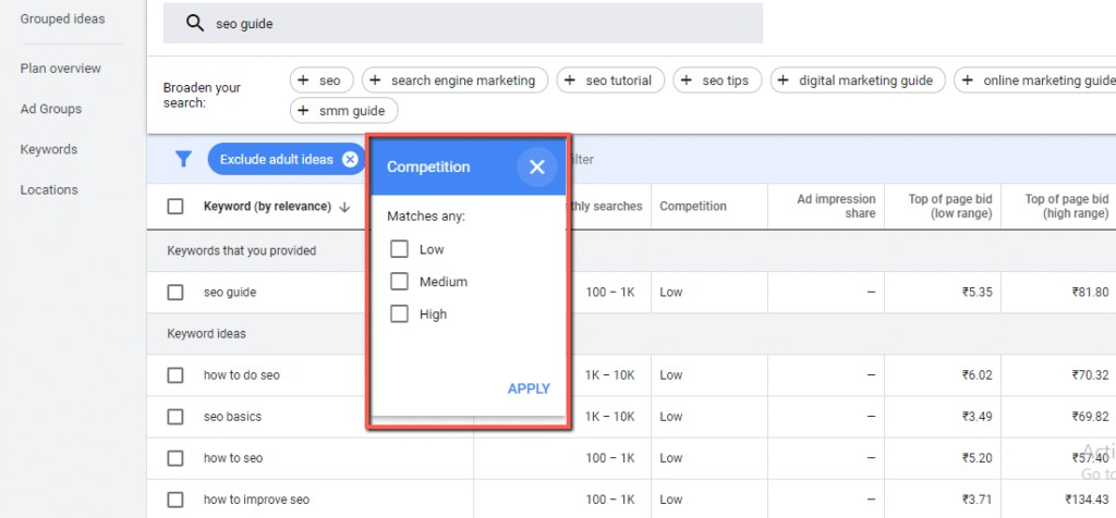 Filter options in Keyword Planner